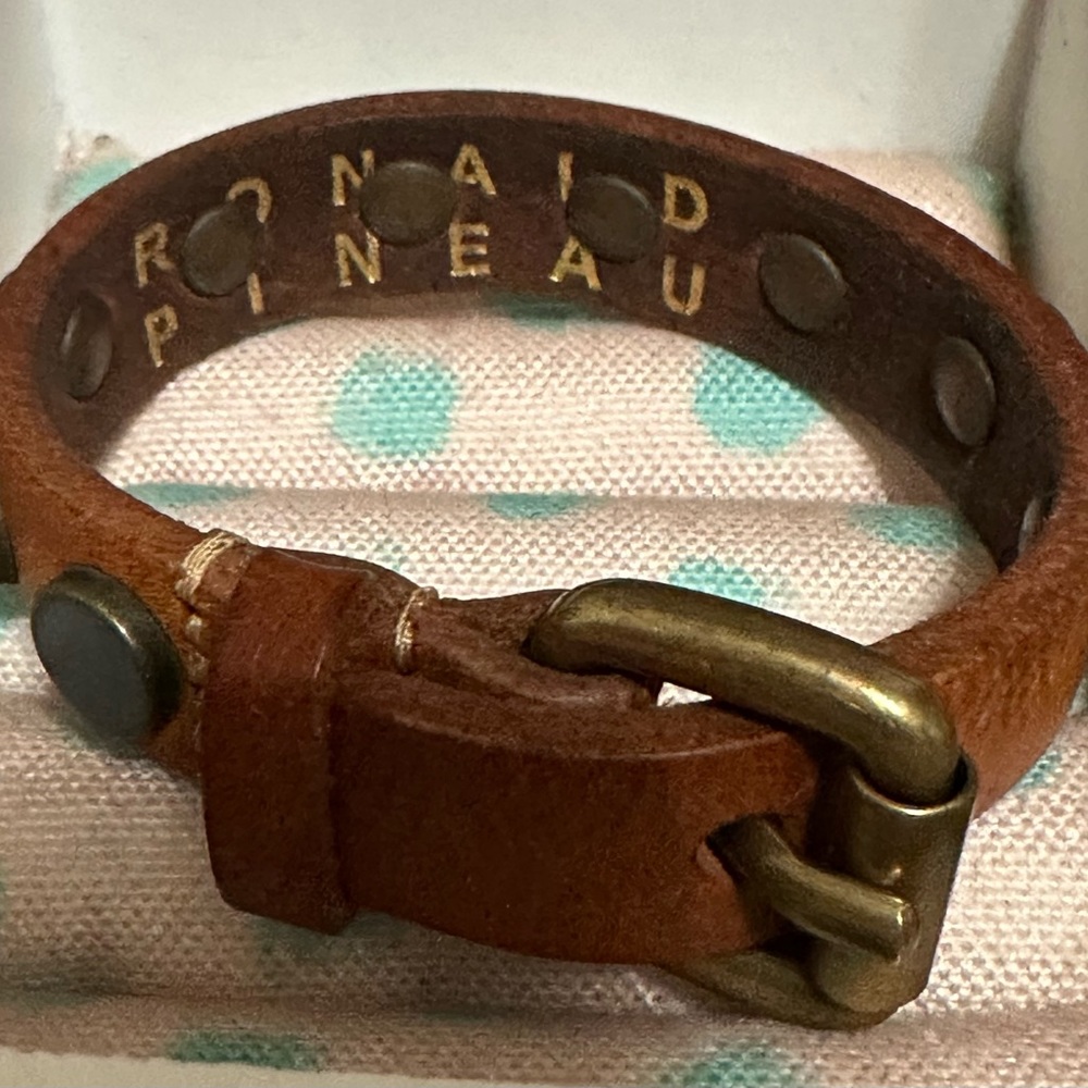 Ronald Pineau Brown Leather Wrap Bracelet with Brass Studs and Buckle